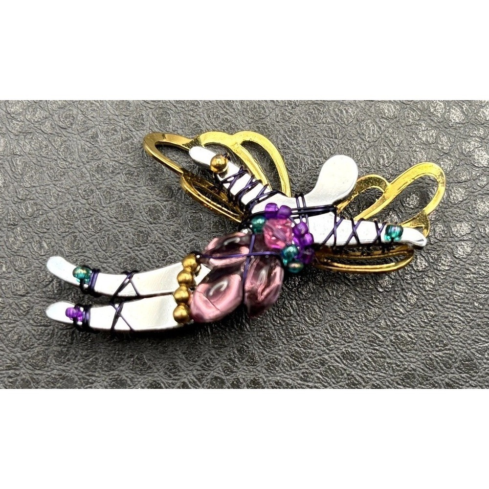 LizTech Dragonfly Brooch Pin Gold Tone Enamel Purple White Beads